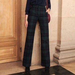 Sezane Martin green navy plaid tartan pants size 36